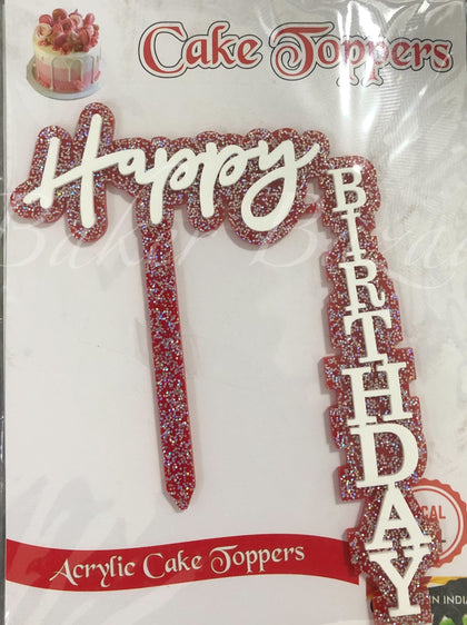 Acrylic Cake Topper - Design 2-5 Inch Happy Birthday -Red & White with Glitter