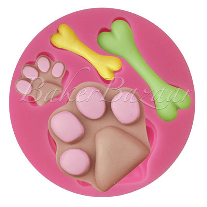 Fondant Mould Dog Paws & Bone Shape Silicone 4 Cavity - Silicone Fondant Clay Marzipan Mould.