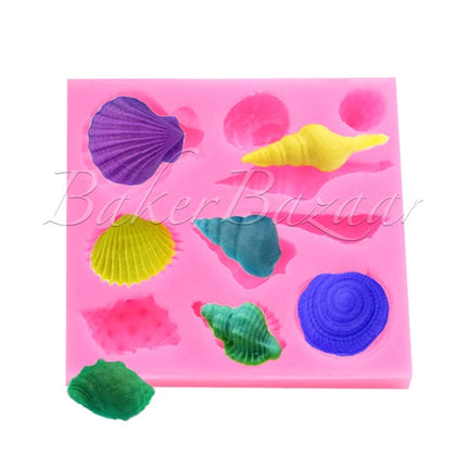 Fondant Mould Conch, Sea Star & Shells 10 Cavity - Silicone Fondant Clay Marzipan Mould.