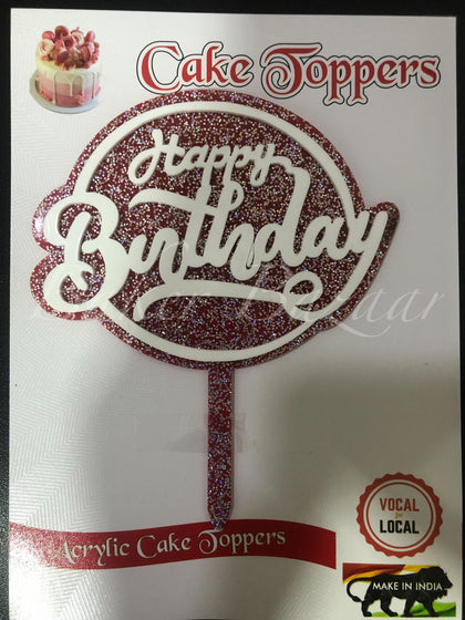Acrylic Cake Topper - Design 4-5 Inch Happy Birthday WIth Glitter -Red & White