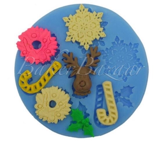 Fondant Mould 9 Cavity Christmas Reindeer SnowFlakes Stick Leaves - Silicone Fondant Clay Marzipan Mould.