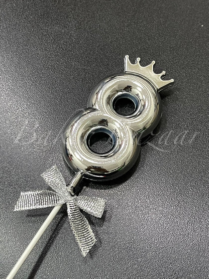 Number 8 Crown Style Plastic Cake Topper - Silver