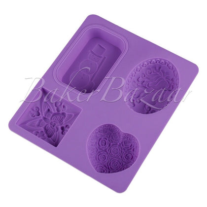 Silicone Mould RoseHeart Snowman Girl Butterfly Shape 4 Cavity Chocolate Fondant Clay Marzipan Mould