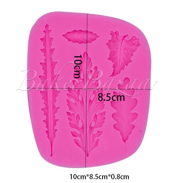 Fondant Mould Different Types of Leaf Shapes 5 Cavity - Silicone Fondant Clay Marzipan Mould.
