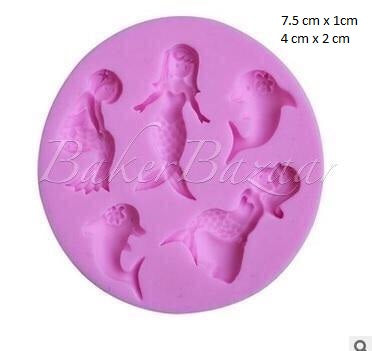 Fondant Mould 5 Cavity Mermaid Aquatic Dolphin - Silicone Fondant Clay Marzipan Mould.