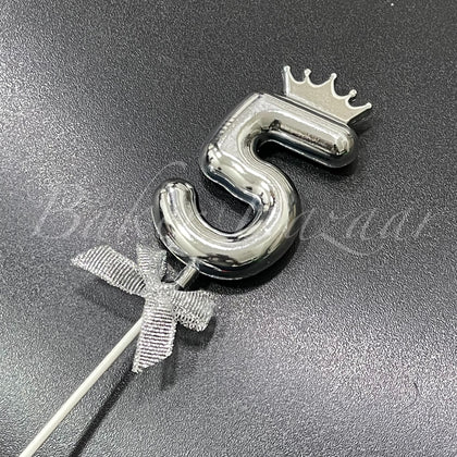 Number 5 Crown Style Plastic Cake Topper - Silver